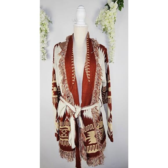 Tiffany & Grey Southwestern Aztec Fringe Cardigan Sweater Jacket XL Boho Cozy - Picture 2 of 13